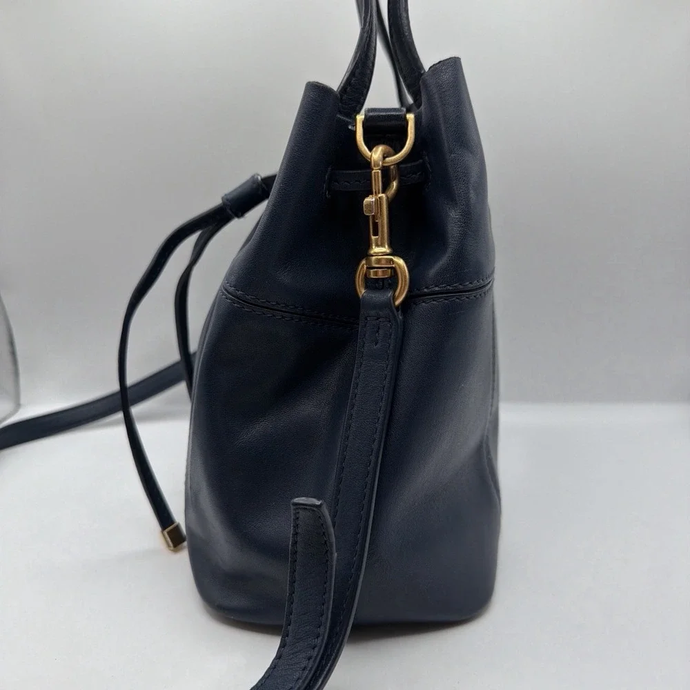 Tory Burch Block T Small Navy Blue Leather Bucket Bag Drawstring Closure